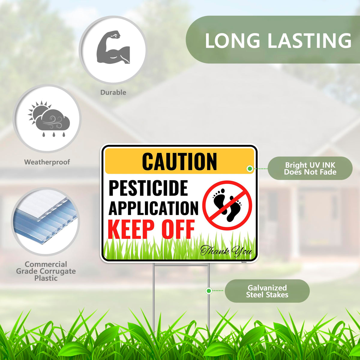 Venicor pesticide sign with metal stake for quick lawn setup.
