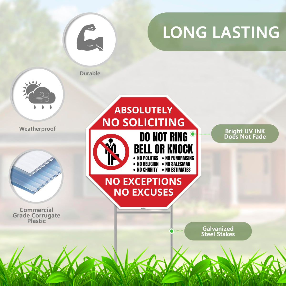 Venicor two-sign set with metal ground stakes shown ready for quick setup.