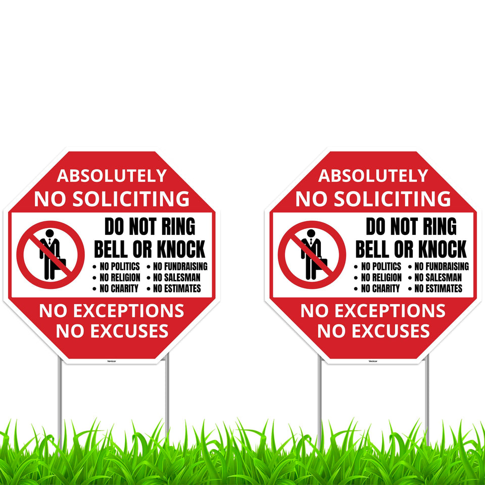 Venicor no soliciting sign with stake, 12x12, bold colors help deter solicitors.