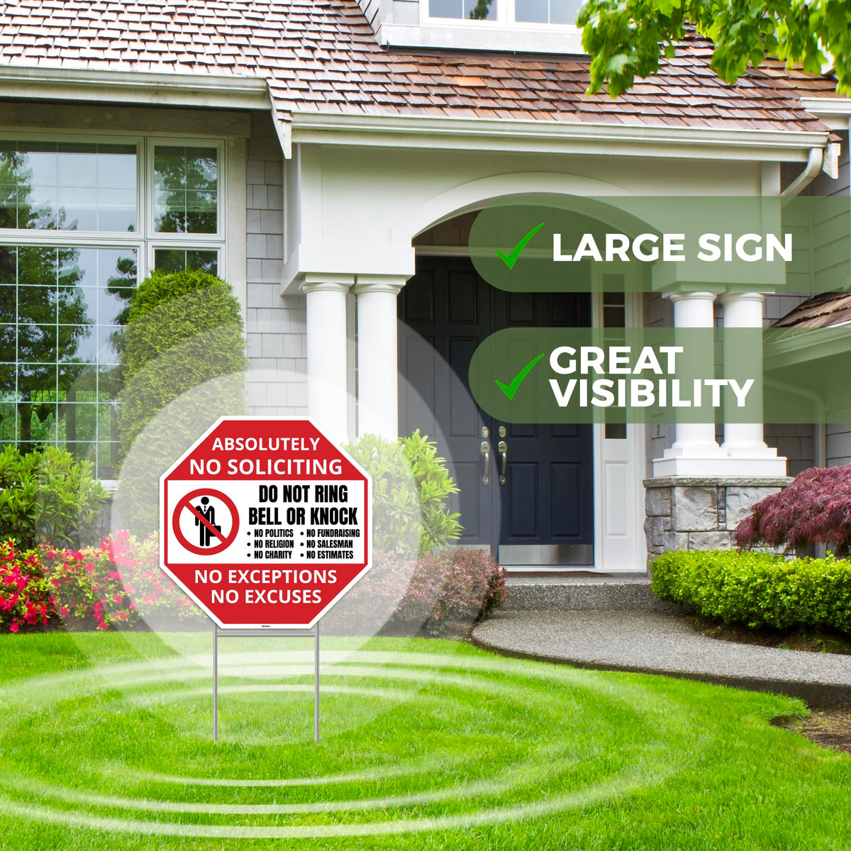 Venicor no soliciting sign displayed in a front yard with stake for curb visibility.