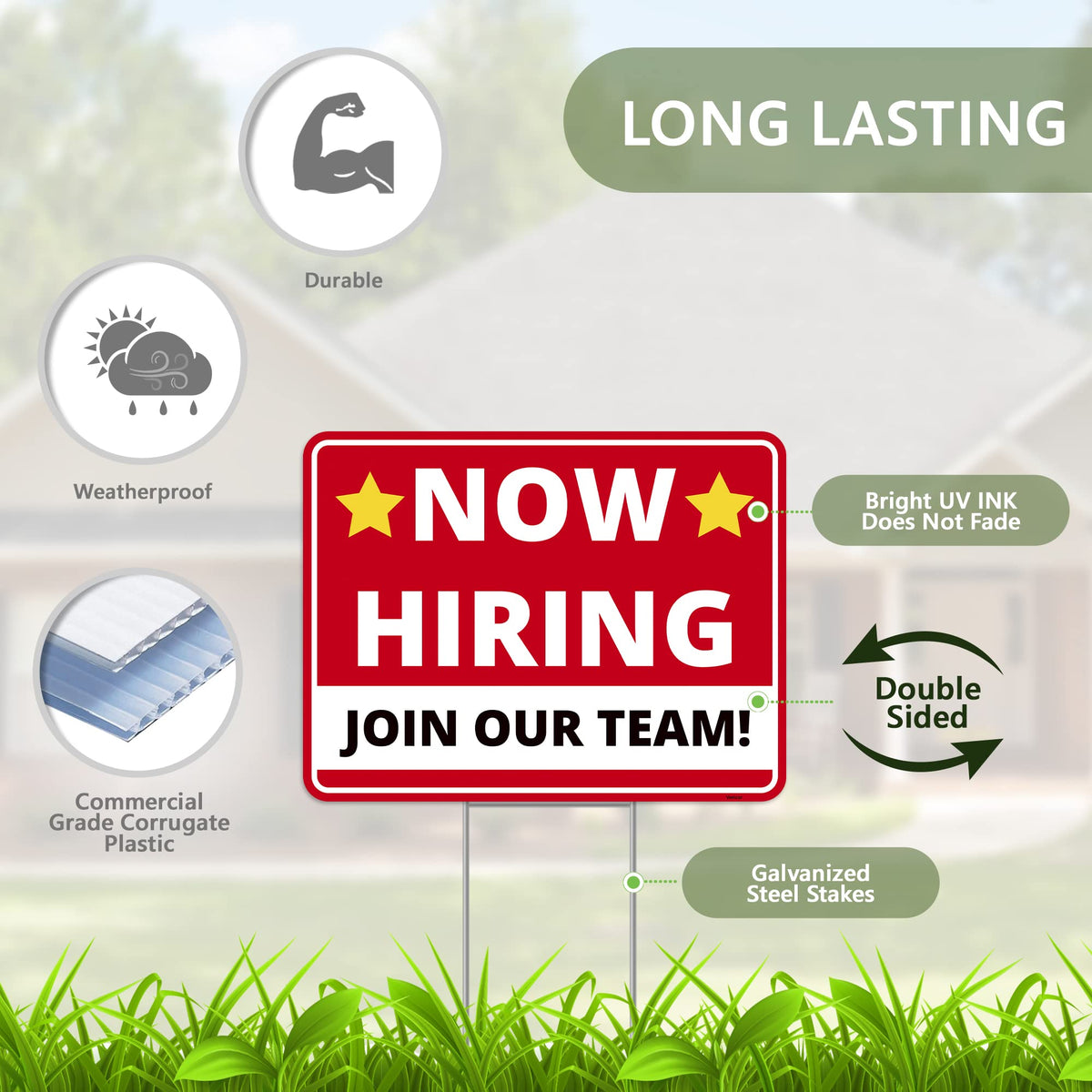 Venicor Now Hiring sign 17x13 back view highlights two-sided visibility for passerby