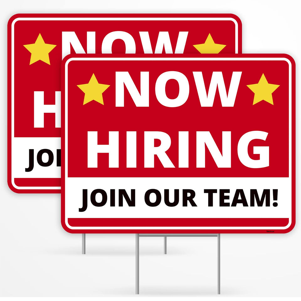 Venicor Now Hiring sign 17x13 front view emphasizes bold lettering for local recruitment