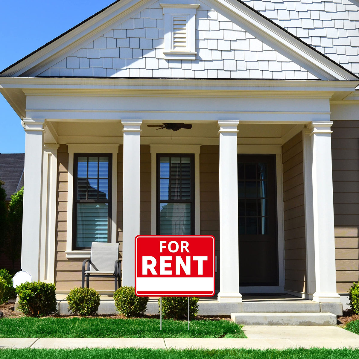 Venicor two-sign rent yard set, high-contrast letters for roadside attention.