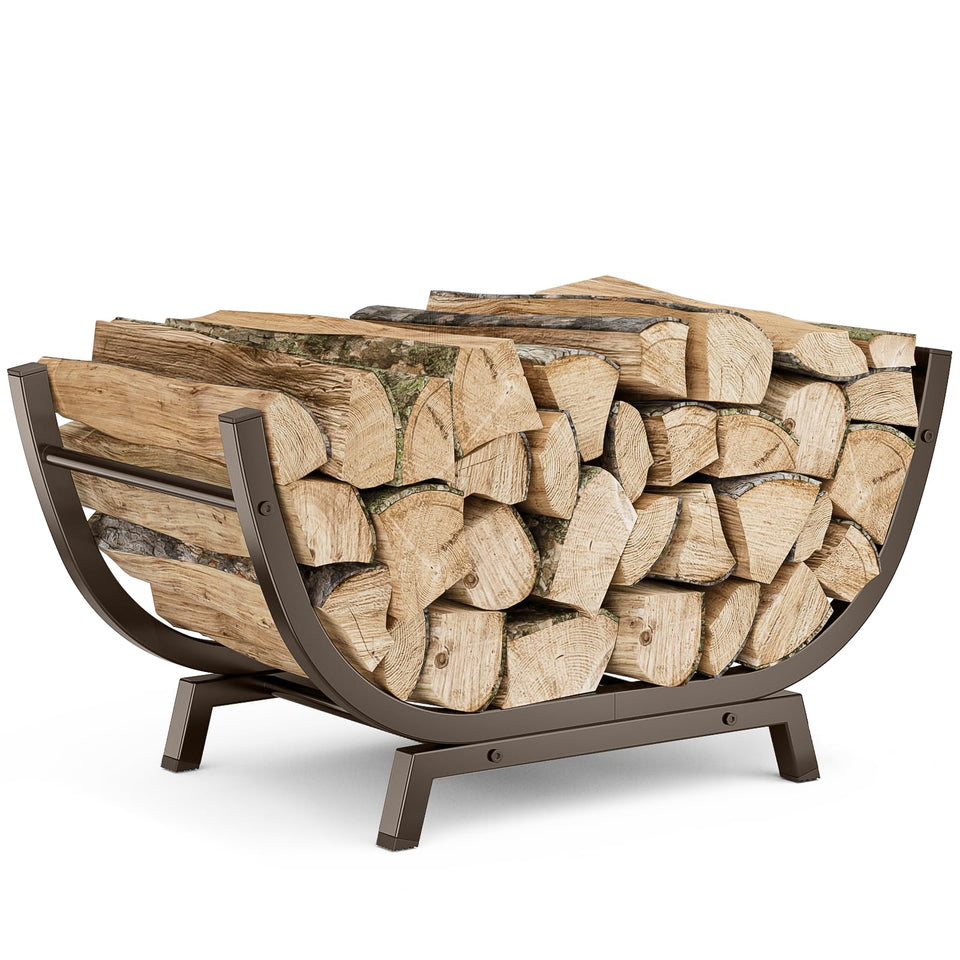 Venkuber Firewood Rack front view with bronze finish and sturdy 25-inch frame.