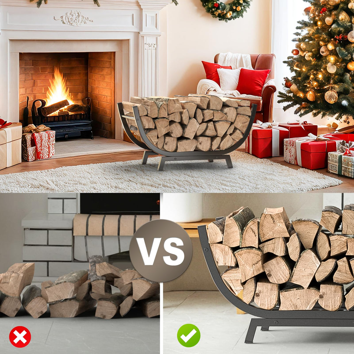 Venkuber Firewood Rack shown outdoors, ready for barbecue or fire pit storage.