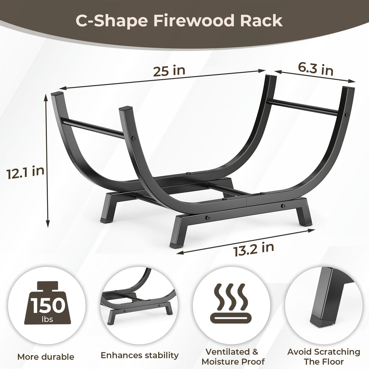 Venkuber Firewood Rack side handles simplify relocation.