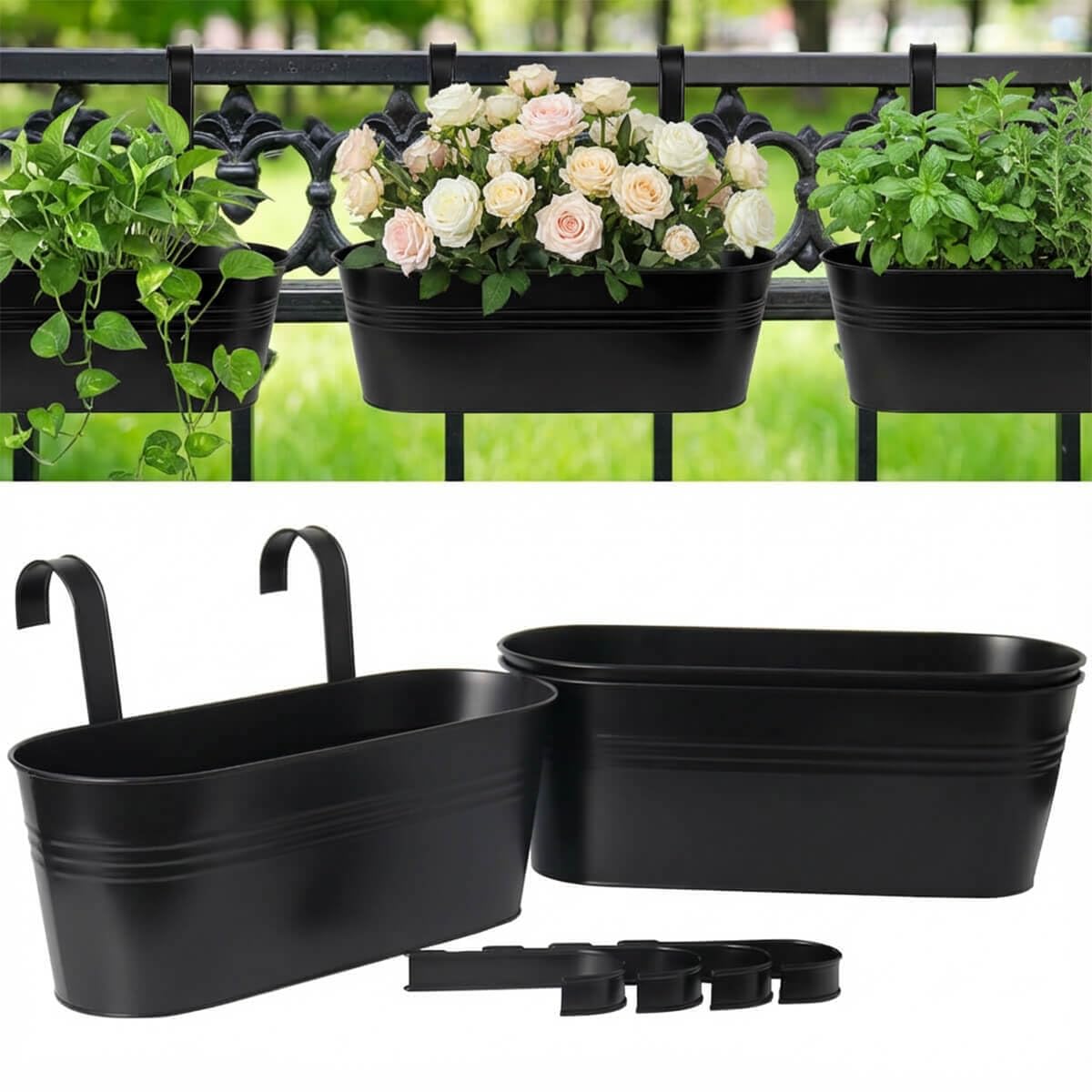 Vensovo 16-inch railing planter, top view, showcasing space for balcony herbs