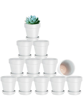 Vensovo 3-inch white terracotta pot with saucer for succulents on a windowsill.