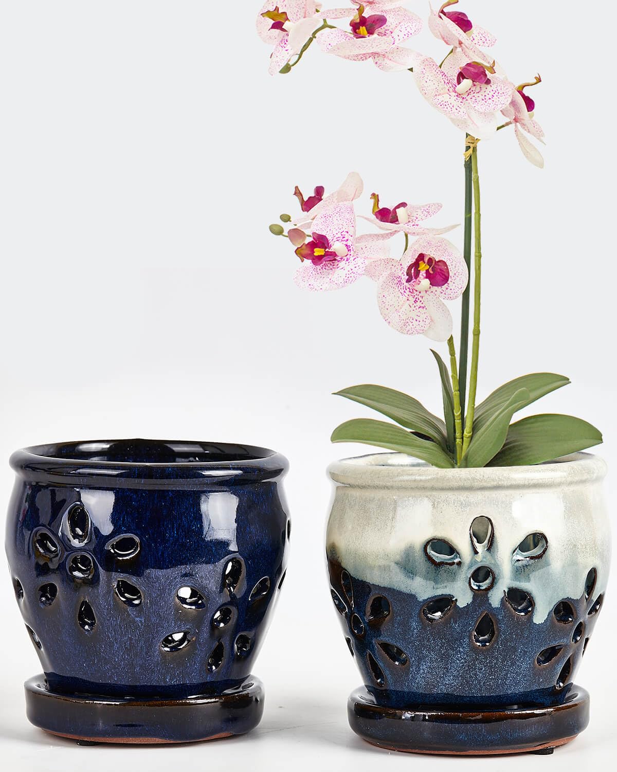 Vensovo 4-inch ceramic orchid pot with drainage holes and saucer promotes healthy root airflow