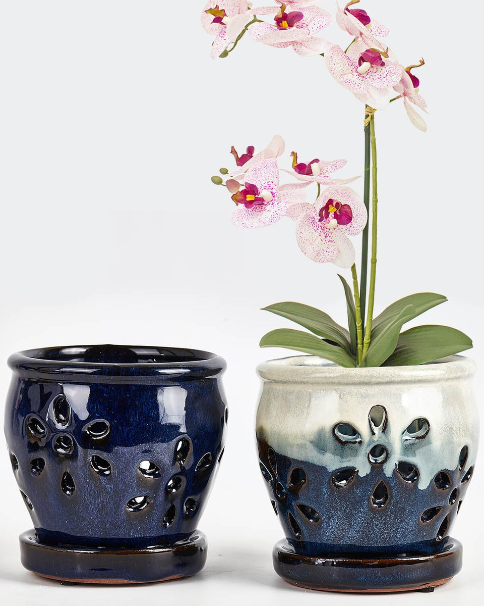 Vensovo 4-inch ceramic orchid pot with drainage holes and saucer promotes healthy root airflow