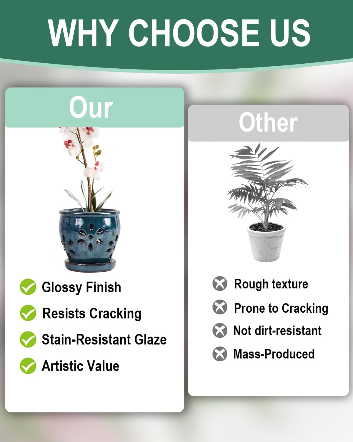 Vensovo blue mixed ceramic orchid pot shows side holes for improved airflow