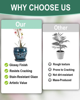 Vensovo blue mixed ceramic orchid pot shows side holes for improved airflow