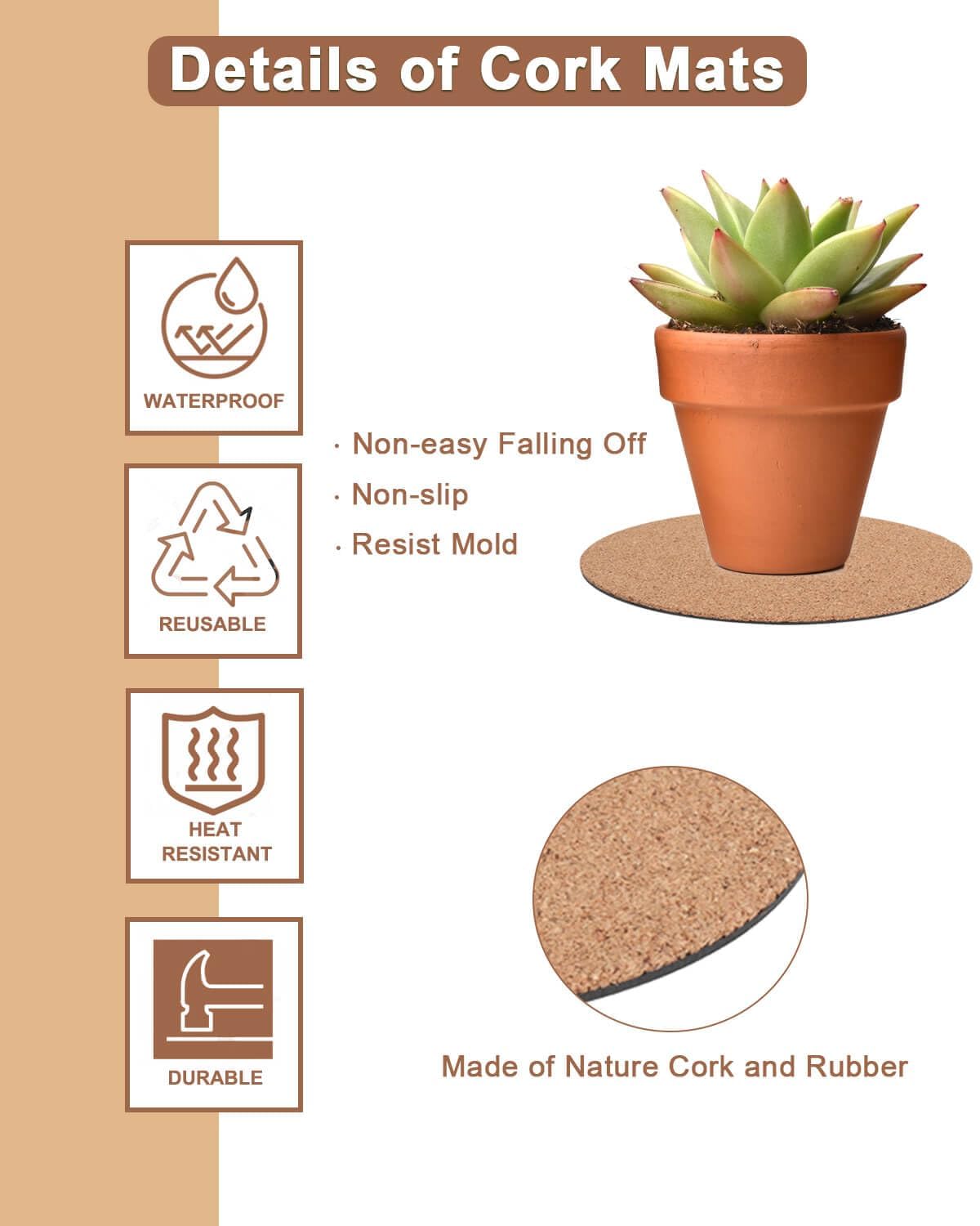 vensovo Cork Plant Coasters on a kitchen counter protect surfaces from spills.