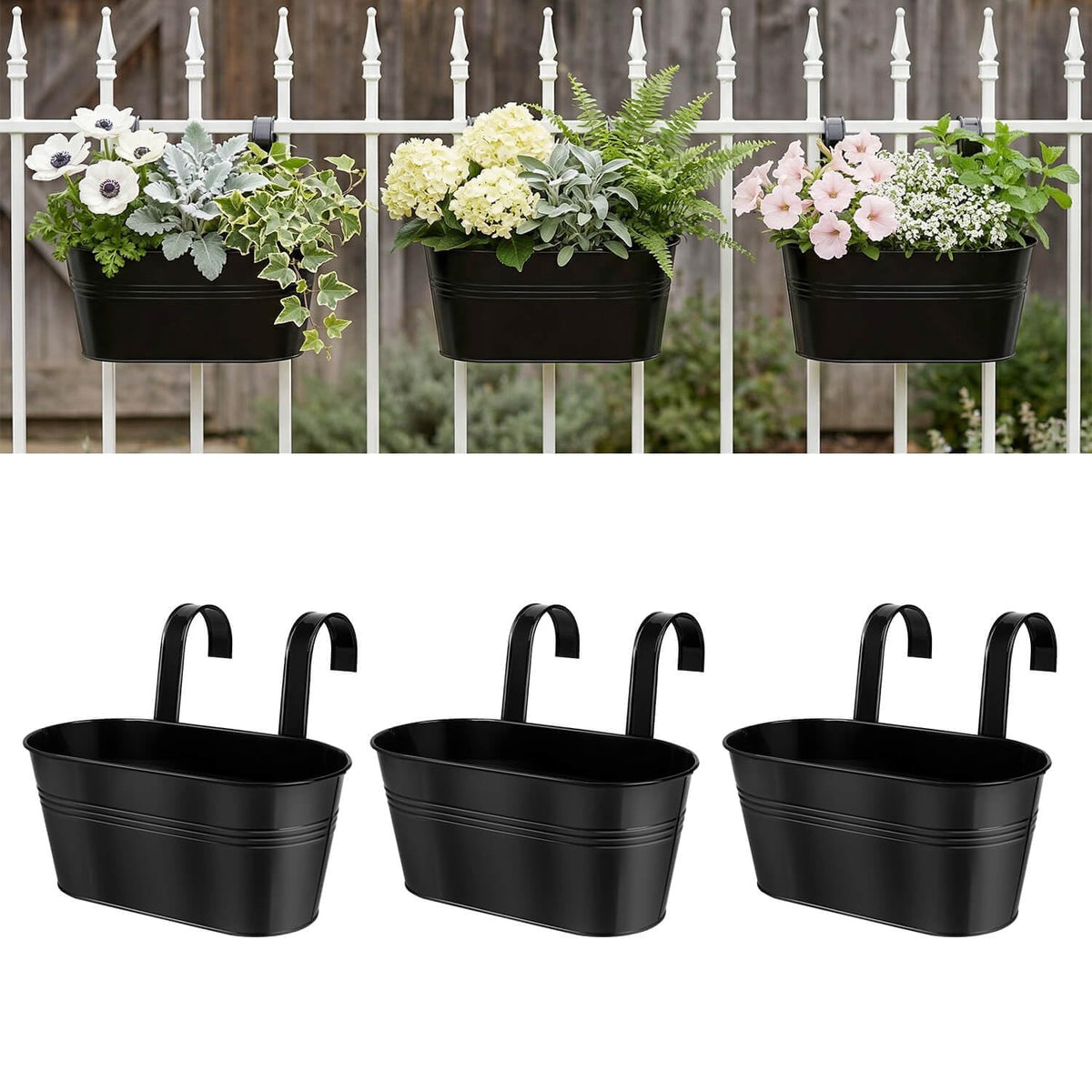 Vensovo oval railing planter on balcony rail supports generous herb growth
