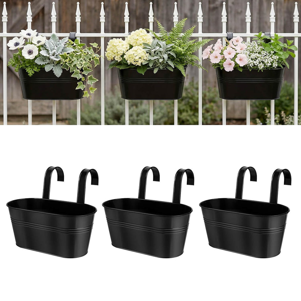 Vensovo oval railing planter on balcony rail supports generous herb growth
