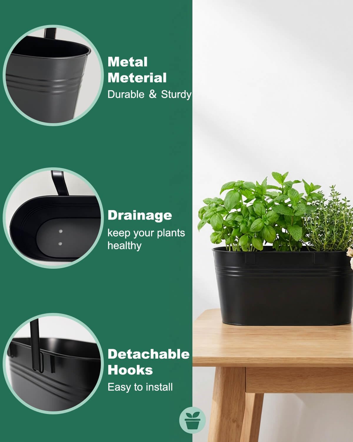Vensovo oval metal planter with hook detail, showing detachable hooks for flexible mounting
