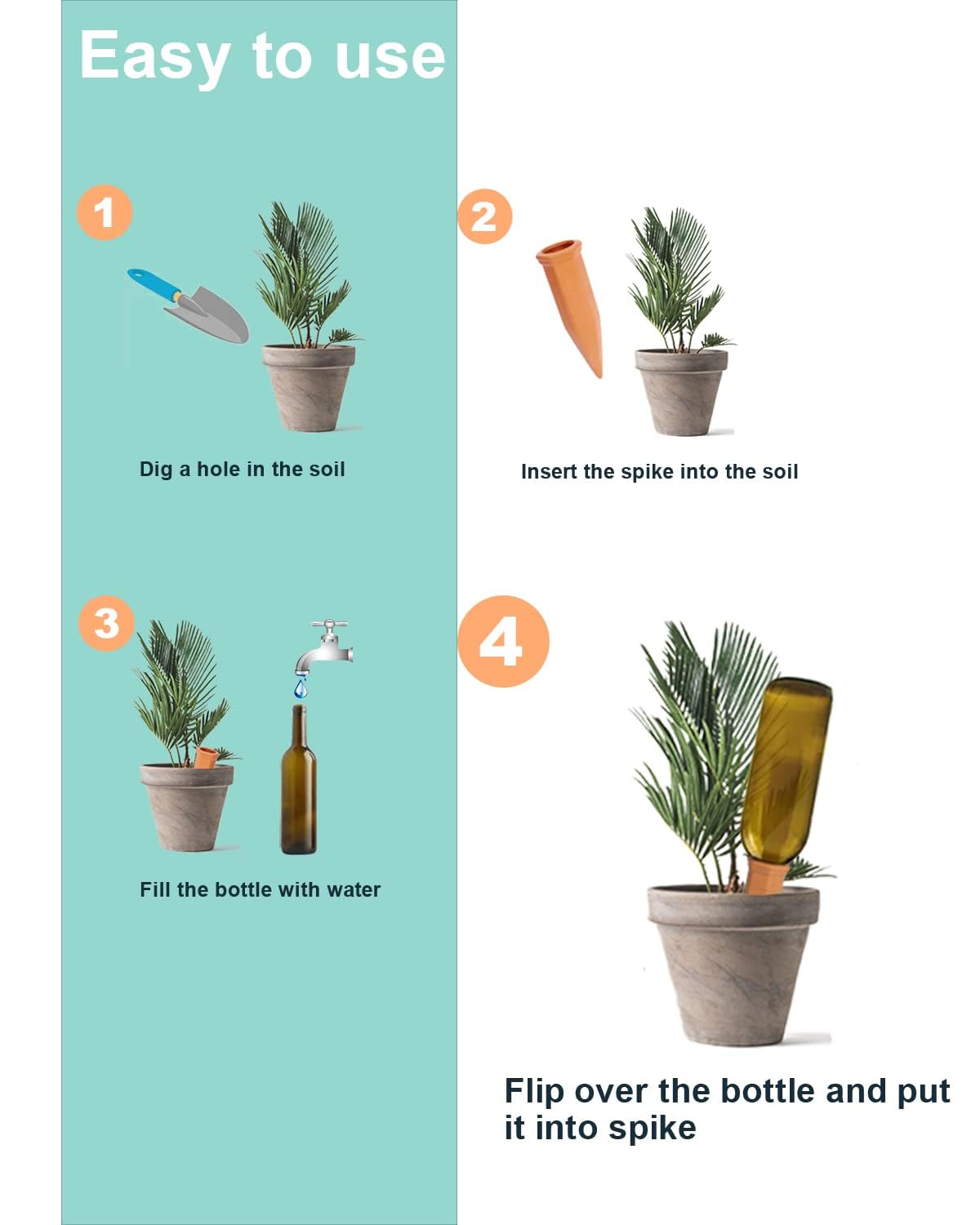 vensovo terracotta watering spike with recycled bottle supports vacation plant care.