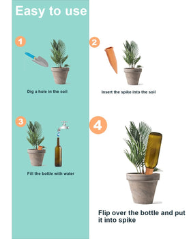 vensovo terracotta watering spike with recycled bottle supports vacation plant care.