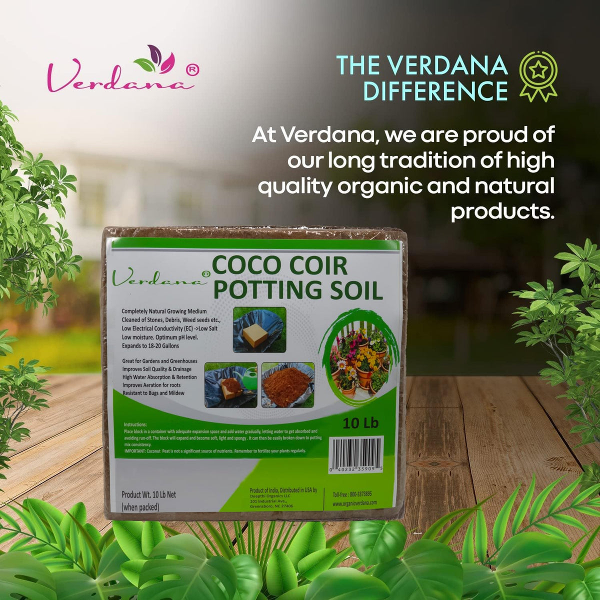 Verdana Coco Coir Potting Soil Brick on a shelf, odorless and easy to store