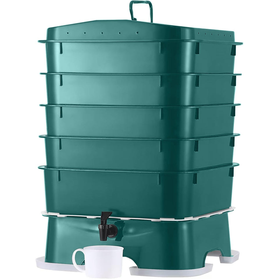 VermiHut Plus 5-Tray front view showing compact footprint for home vermicomposting