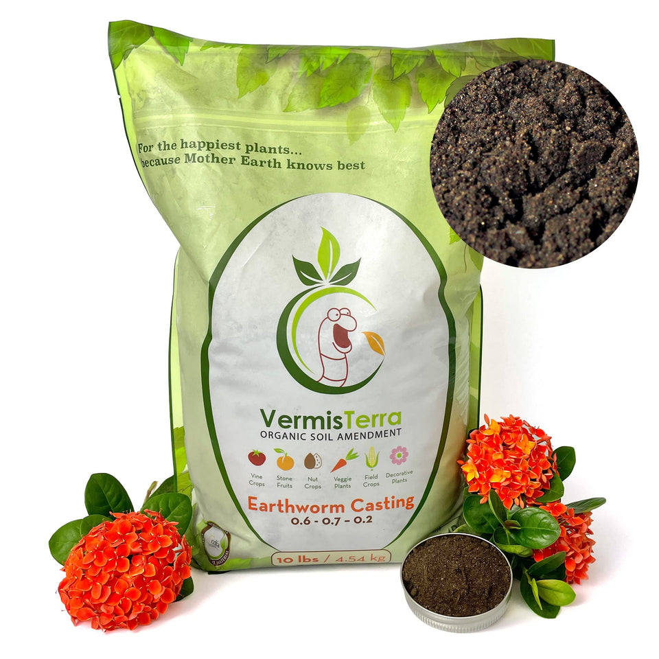 VermisTerra 10 lb bag of earthworm castings improving soil structure and moisture retention