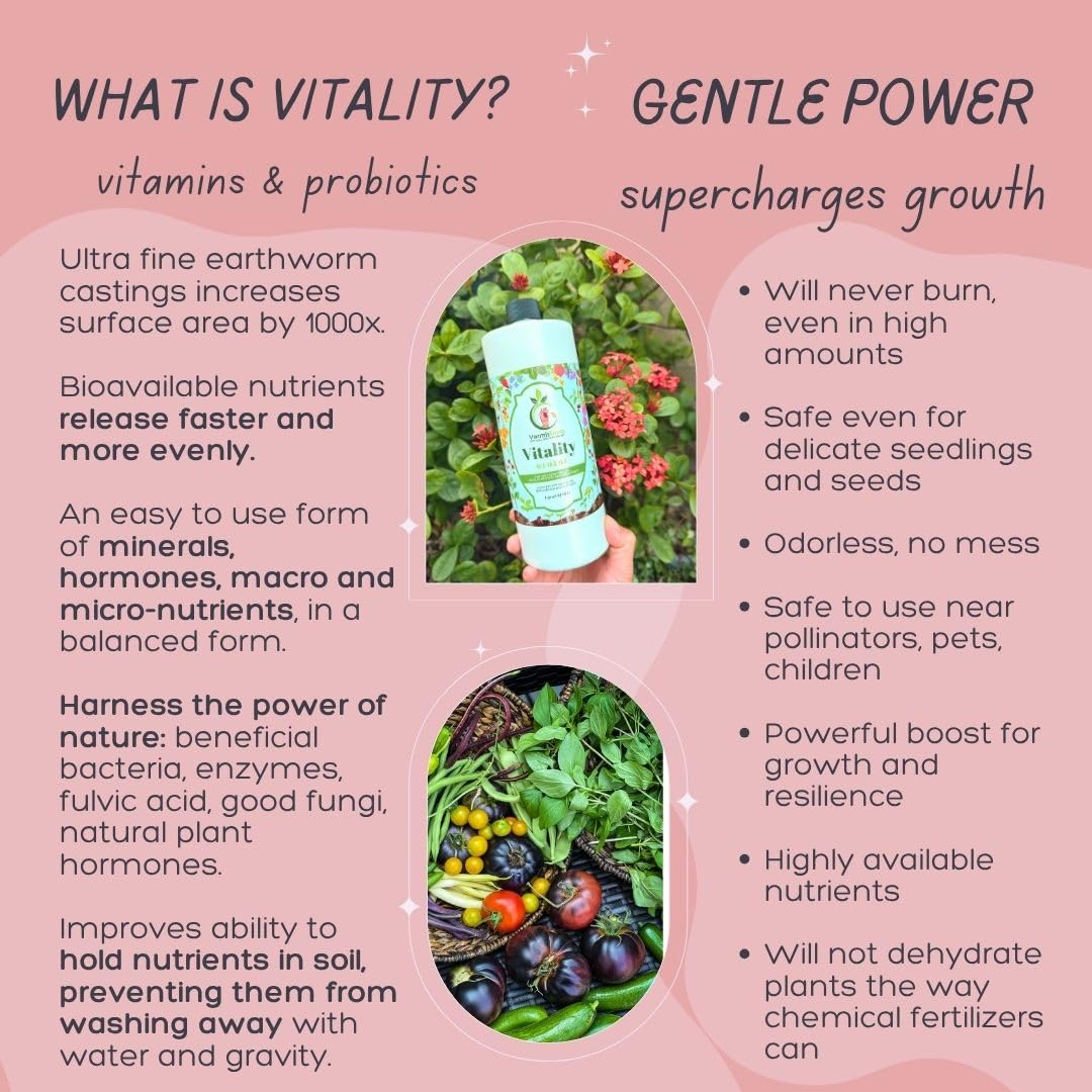 VermisTerra Vitality bottle label highlighting organic nutrients for steady growth.