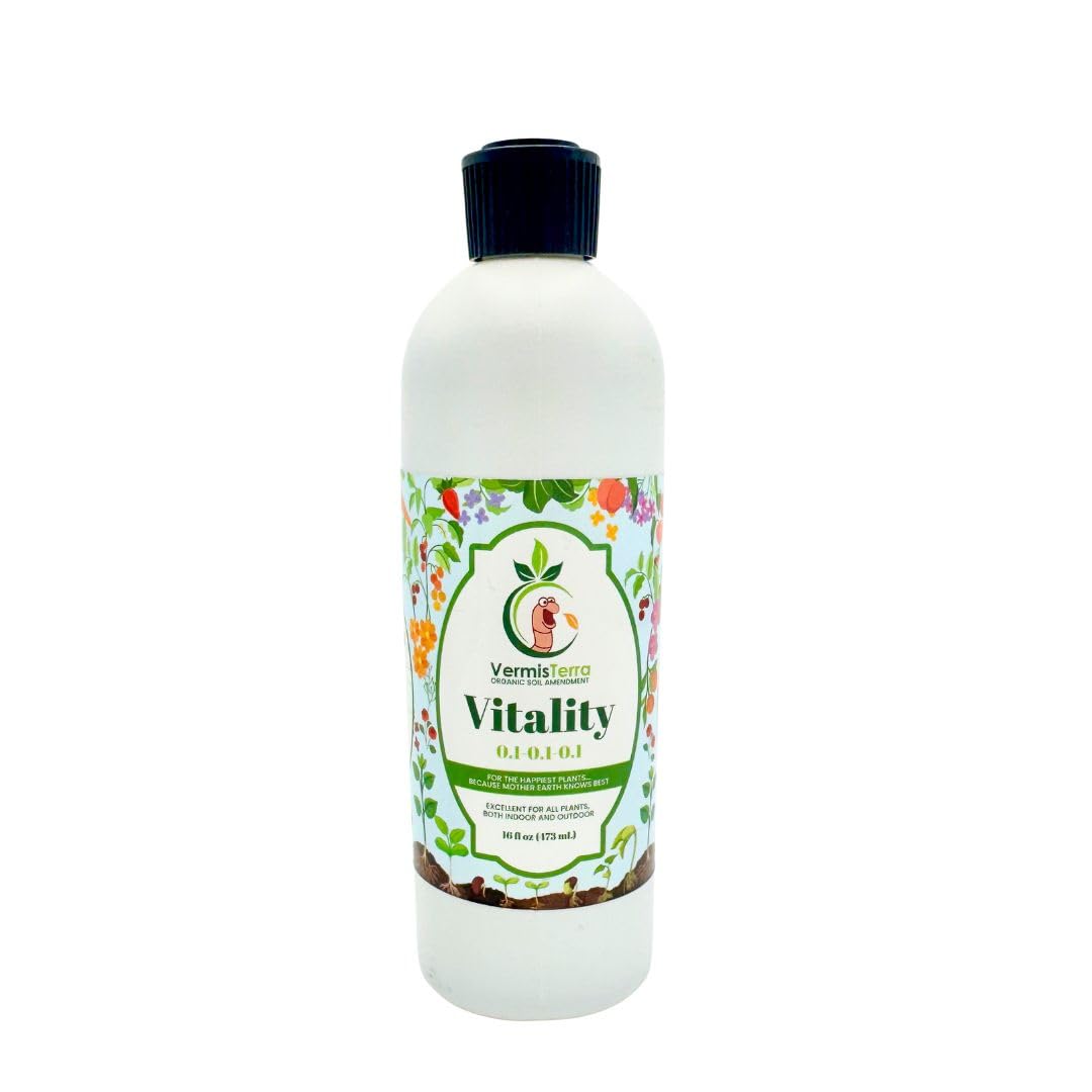 VermisTerra Vitality bottle being poured to show easy dosing and balanced plant nutrition.