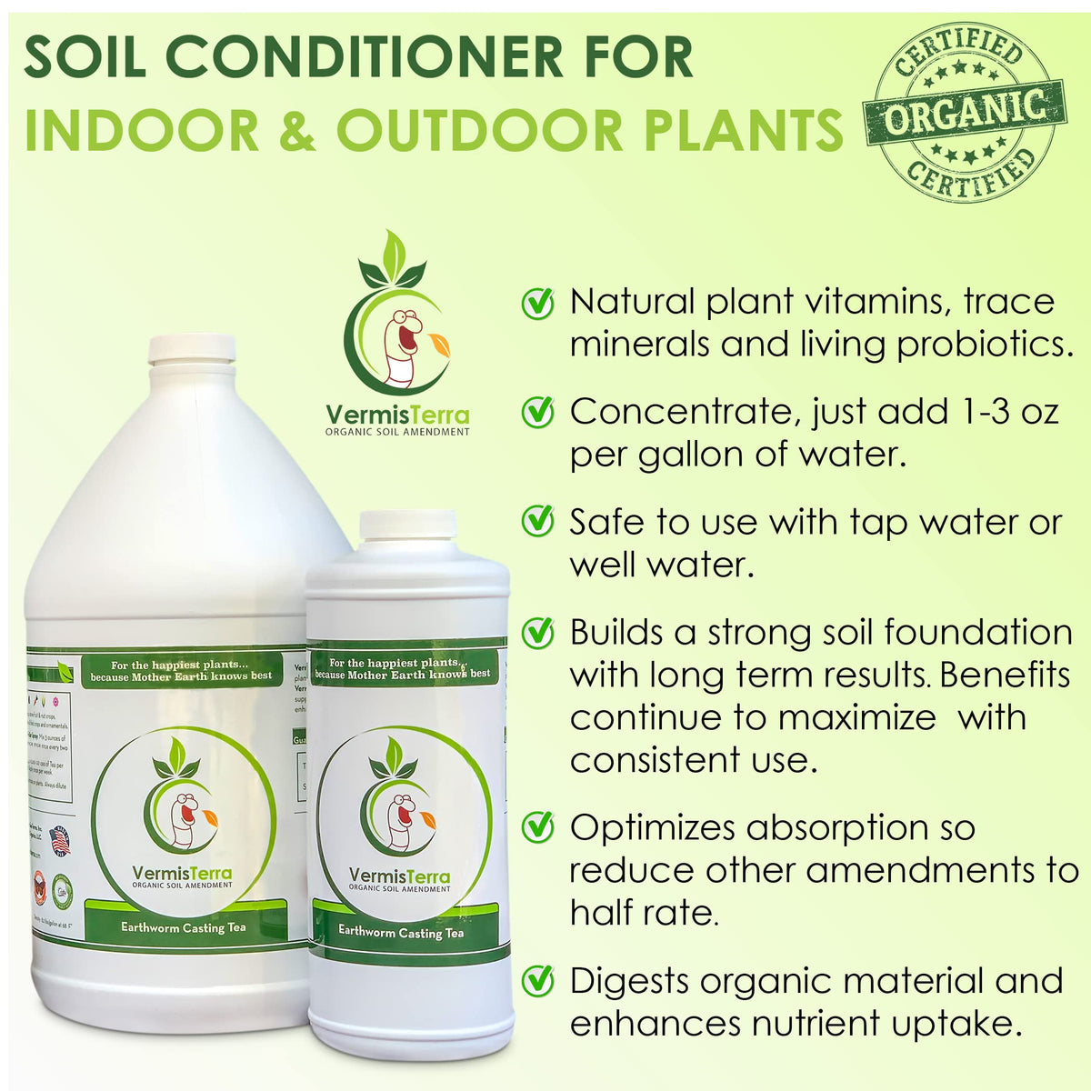VermisTerra Worm Tea label closeup highlights organic certification.