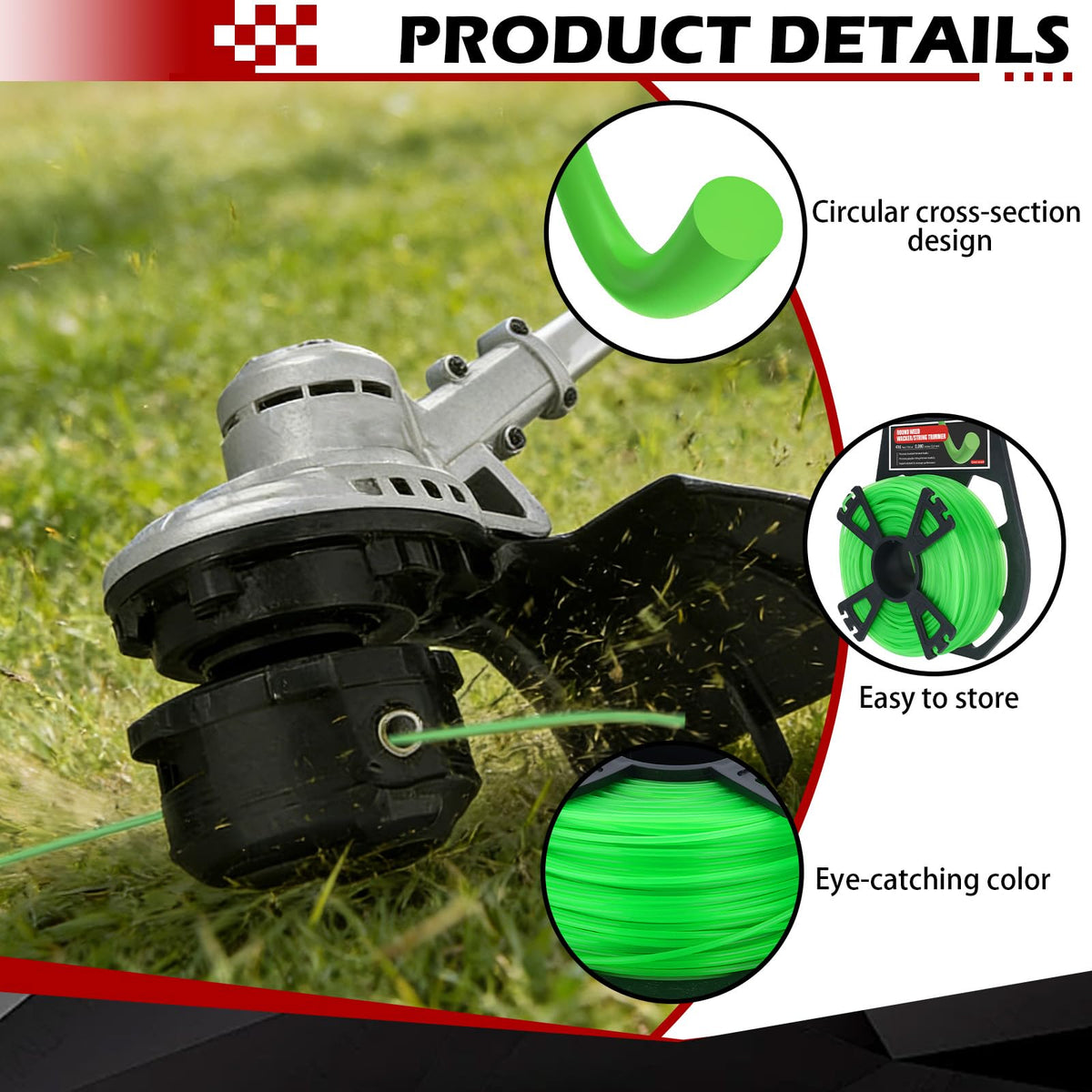 Round profile reduces drag for smoother grass and light weed trimming.