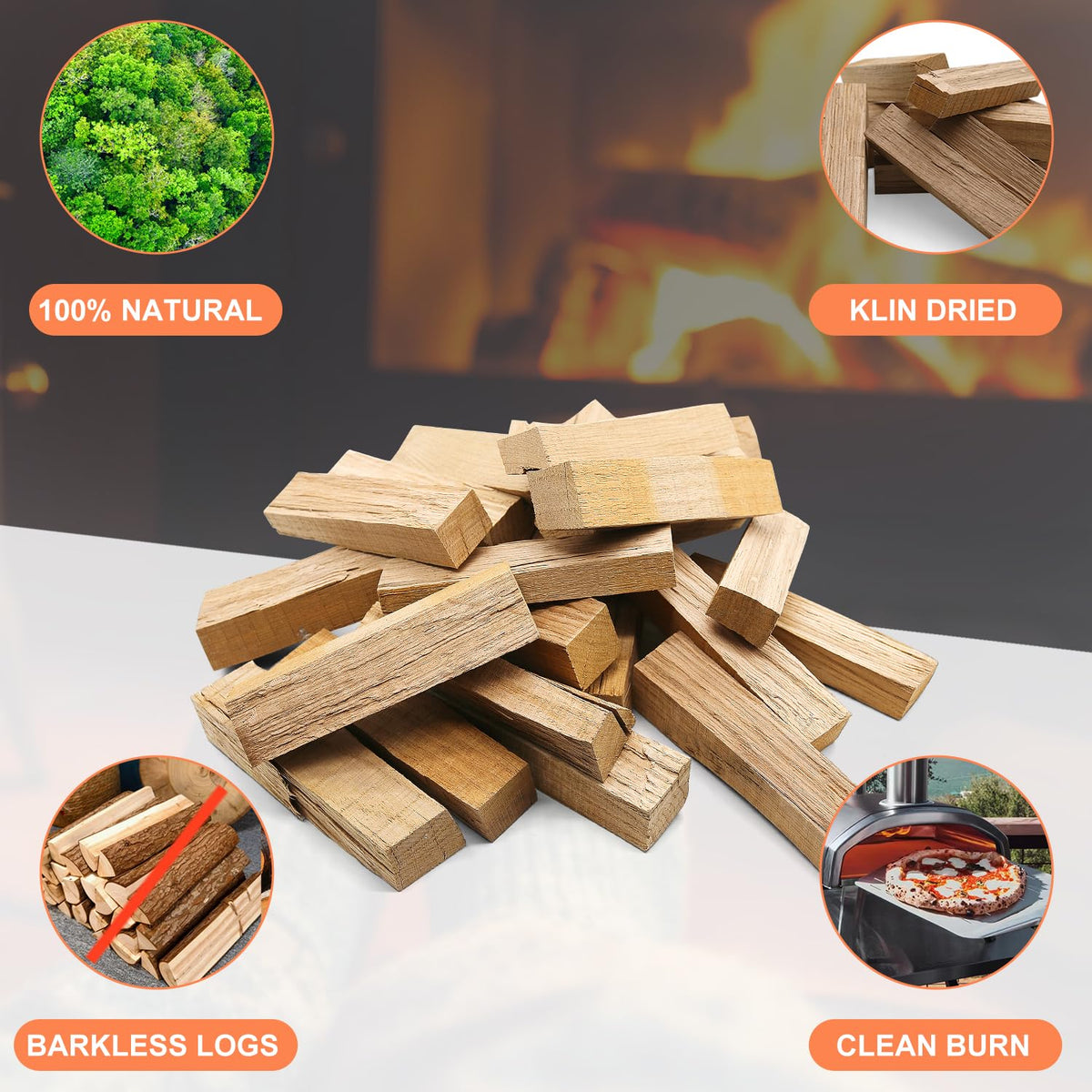 VERSAWOOD logs beside a compact pizza oven, showing versatile outdoor setup.