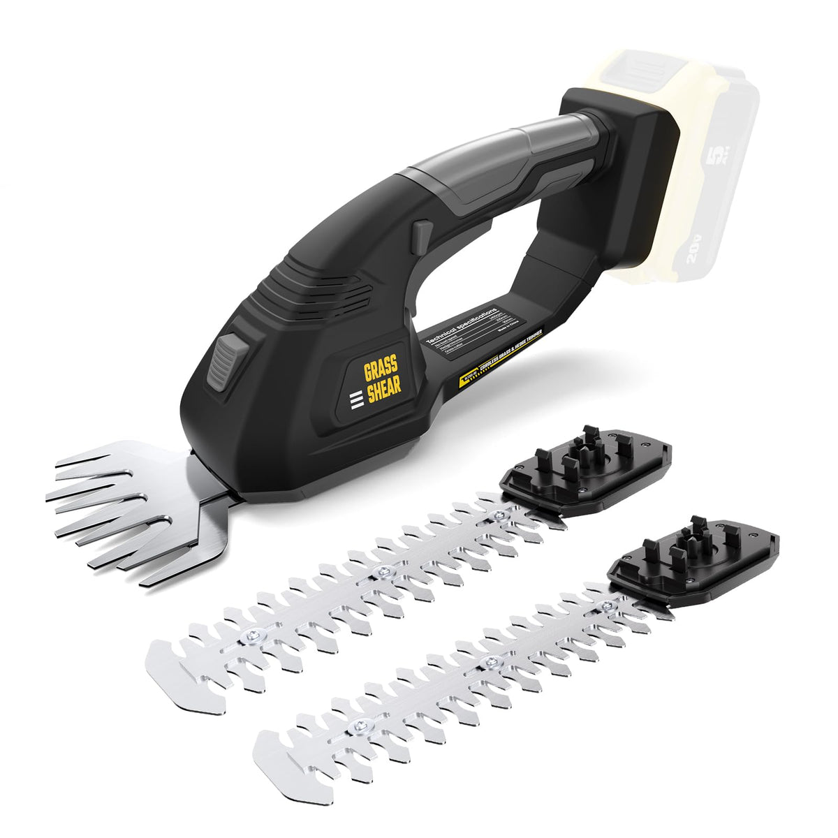VERVEWAVE cordless hedge trimmer ready for outdoor trimming with compatible DeWalt 20V battery.
