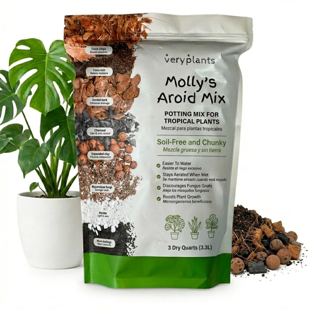 Veryplants Molly's Aroid Mix bag front shows a soil-free blend for clean indoor gardening.