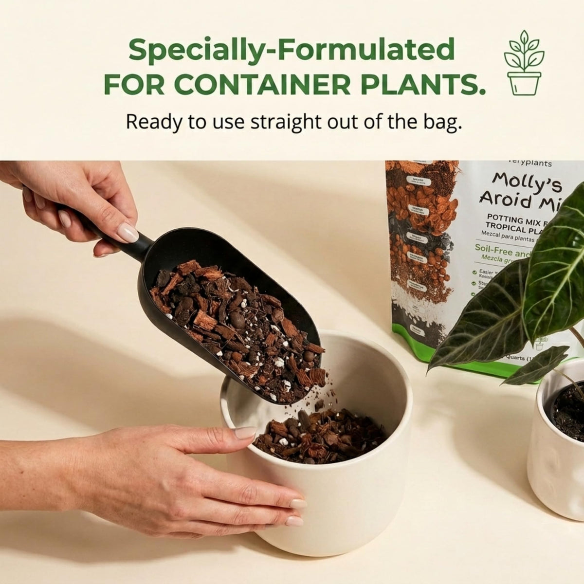 Heat-sealed recyclable bag keeps Molly's Aroid Mix fresh between uses