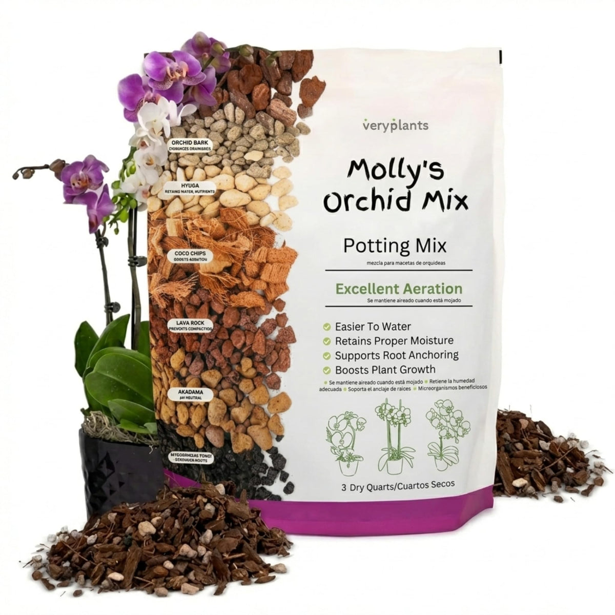 VeryPlants Molly's Orchid Potting Mix with chunky bark for improved drainage and airflow.