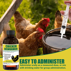 Bottle and syringe displayed together for routine poultry care.