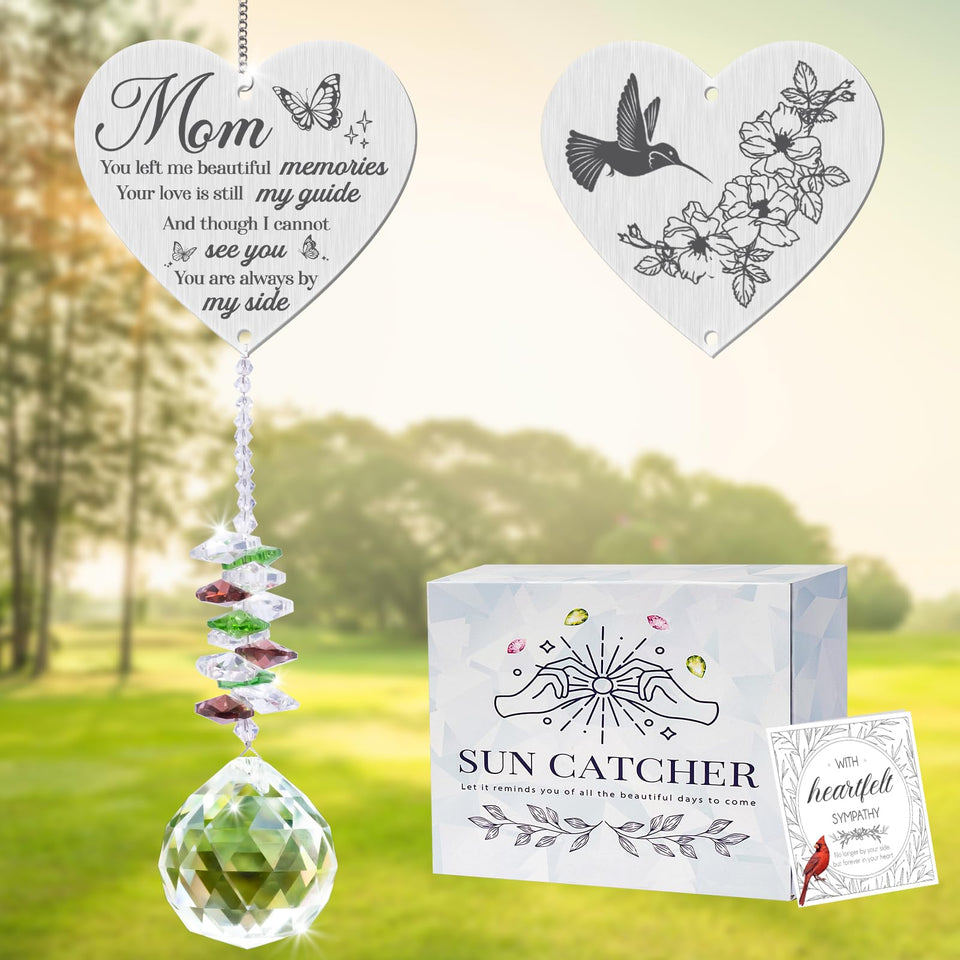 Vetbuosa Mom in Heaven memorial crystal suncatcher casts gentle rainbows for remembrance.