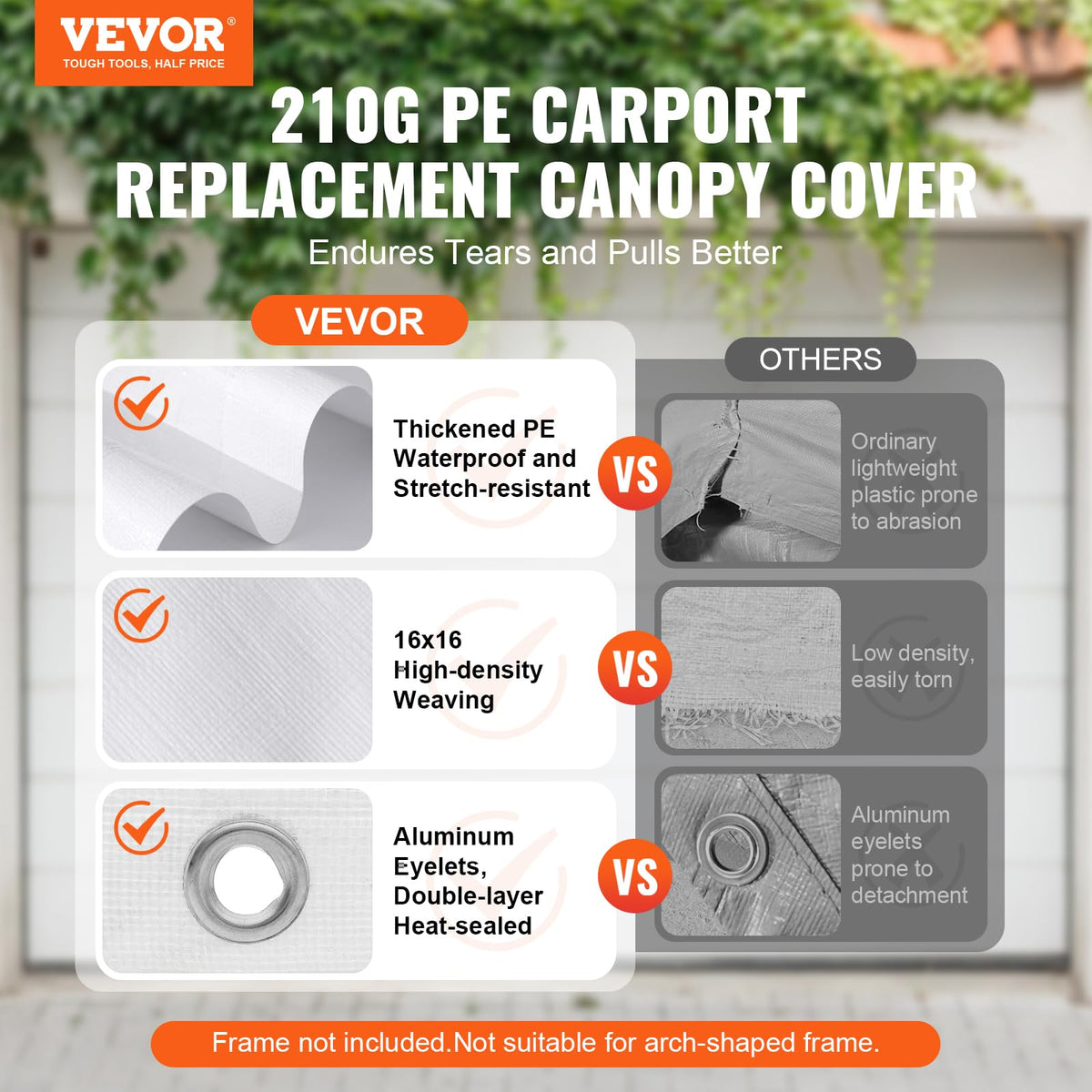 VEVOR 10x20 carport cover back view highlighting durable waterproof fabric and tension stability