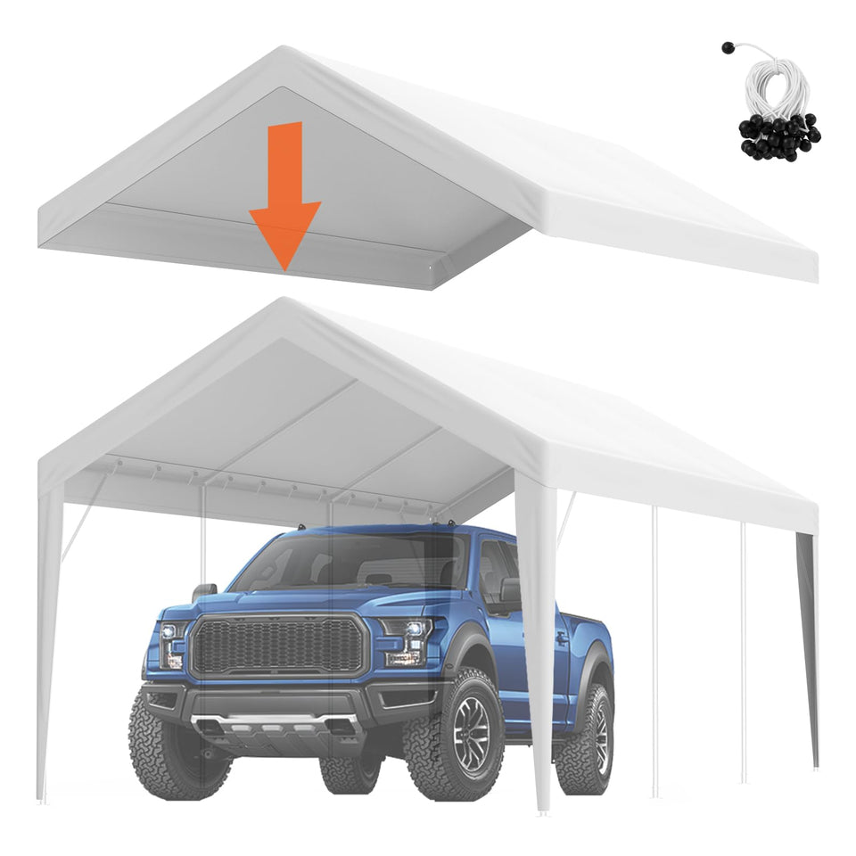 VEVOR 10x20 carport cover front view showing sturdy edges for quick installation and weather protection