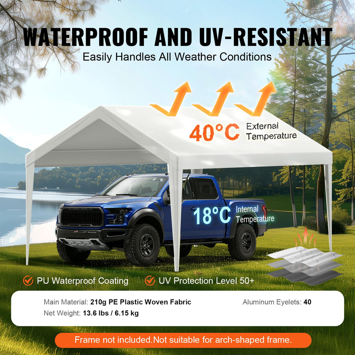 VEVOR 10x20 carport cover side detail fabric showcasing 210g woven material strength