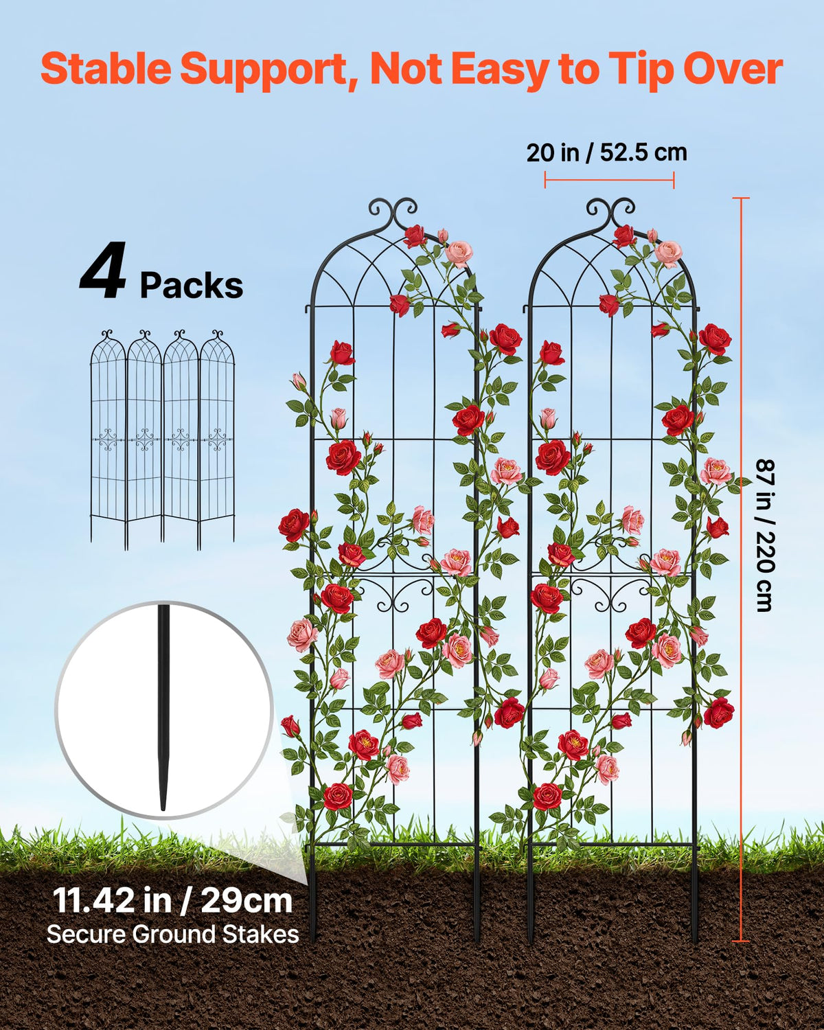 VEVOR 4 Pack trellis ground stake detail showing secure anchoring
