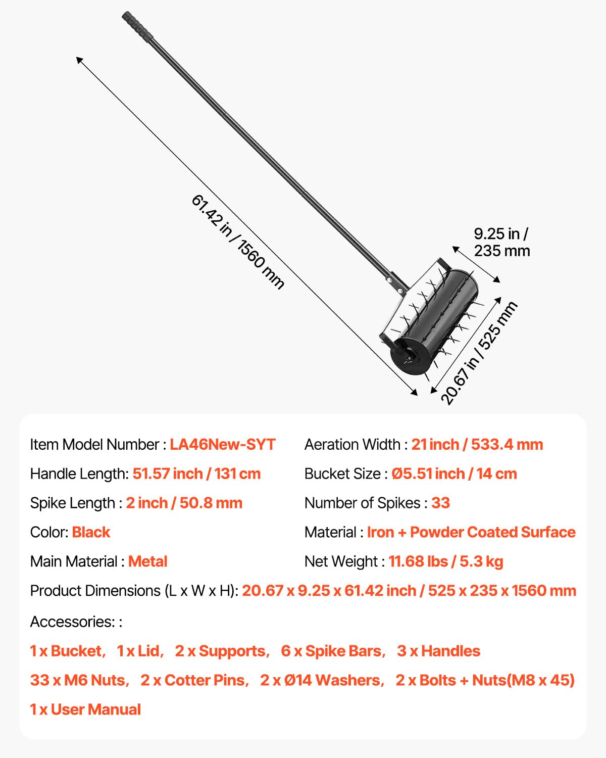 VEVOR 51.6 inch handle enables long reach during aeration sessions.