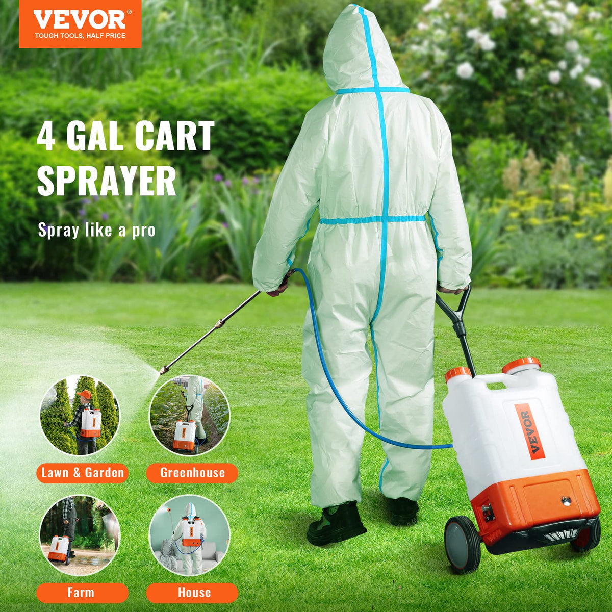 VEVOR sprayer showing six nozzles and two wands for versatile patterns.