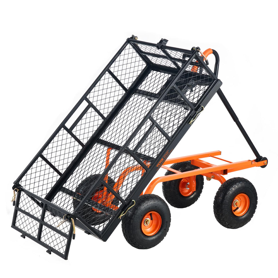 VEVOR 880lbs steel garden dump cart front view shows robust capacity and frame.