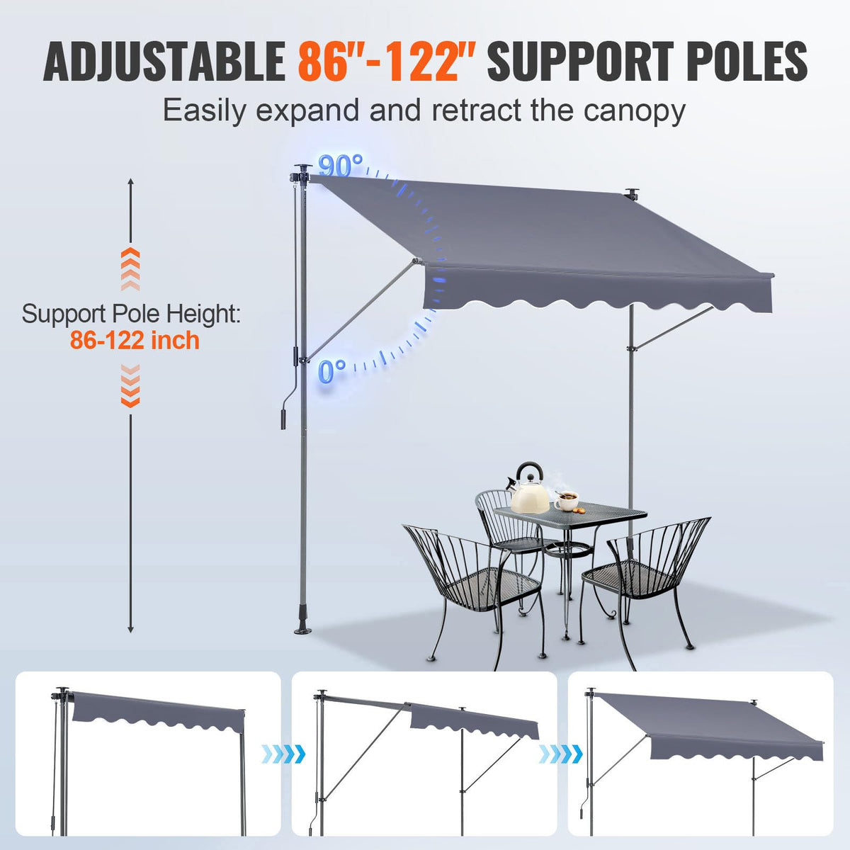 VEVOR awning features thickened aluminum top tube to keep fabric taut