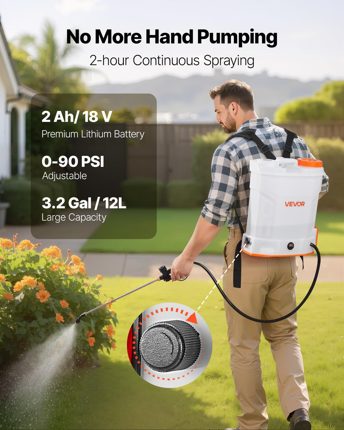 VEVOR backpack sprayer side view highlighting balanced weight