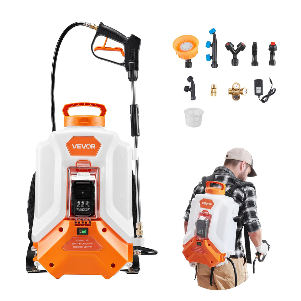VEVOR battery-powered backpack sprayer with 4-gallon capacity for efficient lawn spraying.