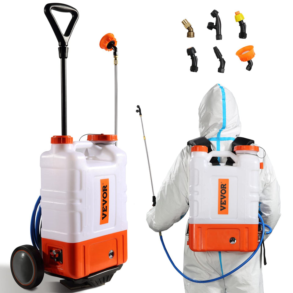 VEVOR battery-powered backpack sprayer with wheeled cart in use for efficient lawn application.