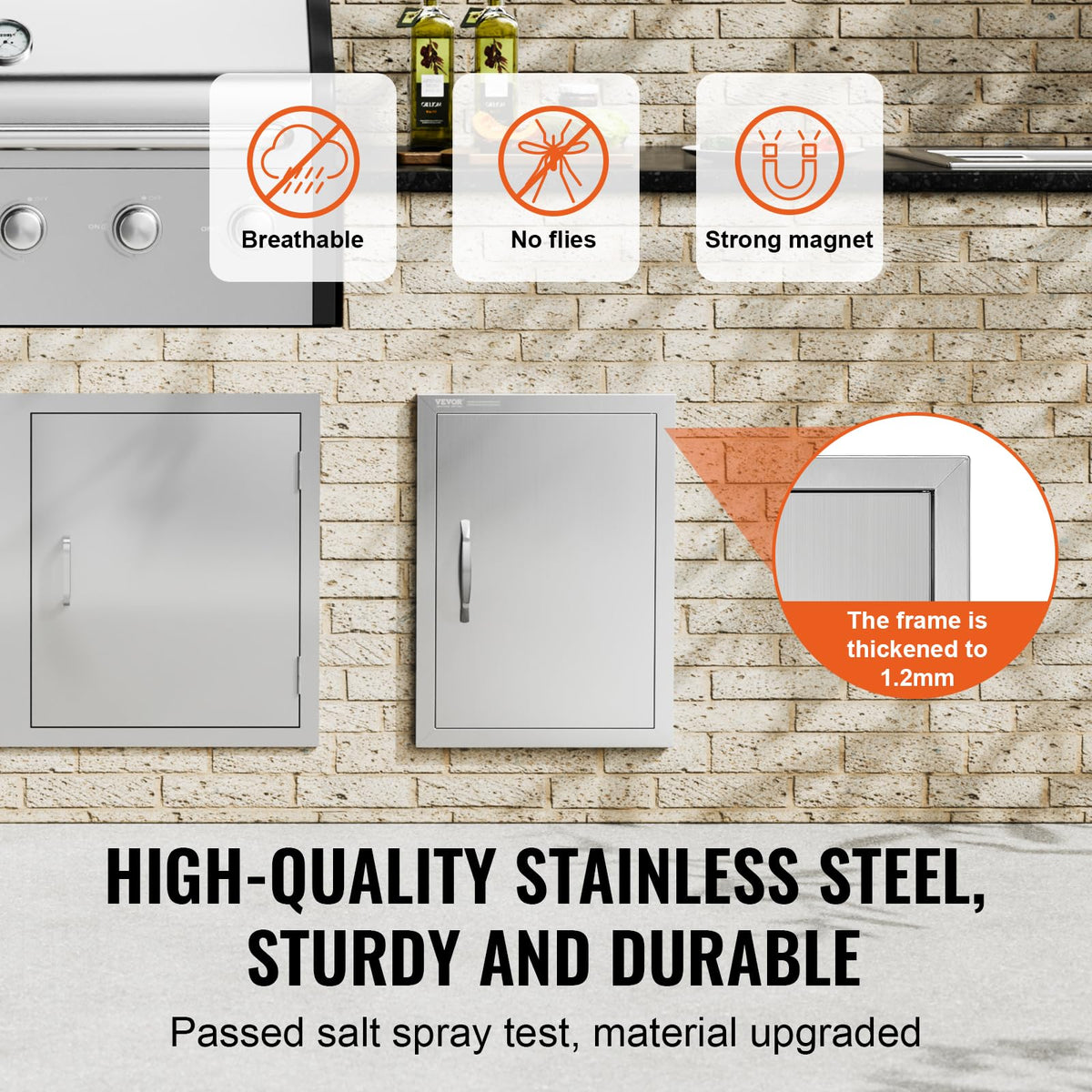 VEVOR BBQ door with magnetic closure keeps contents secure outdoors.