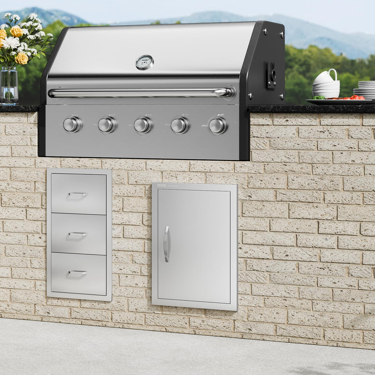 VEVOR weatherproof BBQ door shields against rain and corrosion.