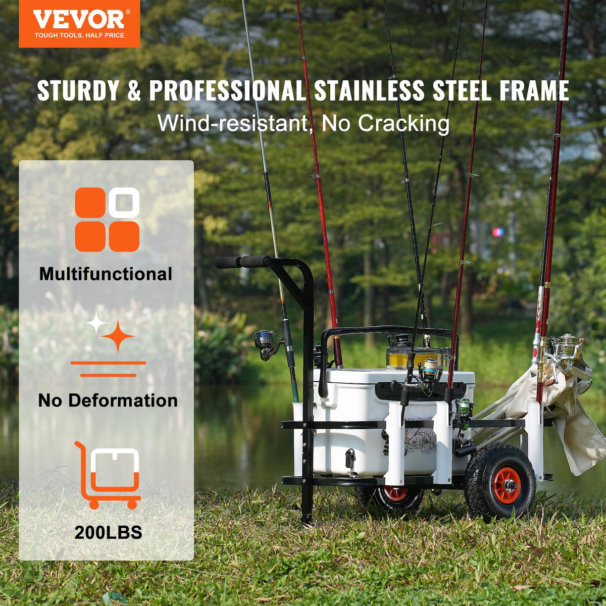 VEVOR Beach Fishing Cart side view highlighting generous storage frame ideal for gear.